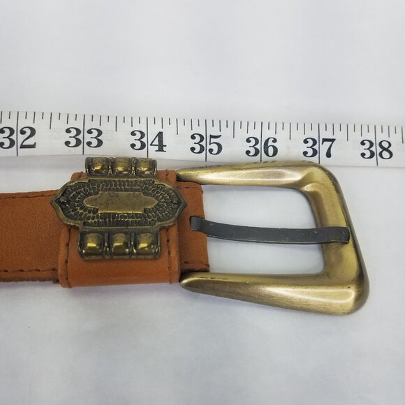 Leather Belt Women M Brown Top Grain Western Brass Buckle Medallion 29"-32" VTG - Picture 9 of 12